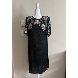 Vintage 80s Carina Beaded Silk Dress XL Floral Black Pink Green Holiday‎ Party